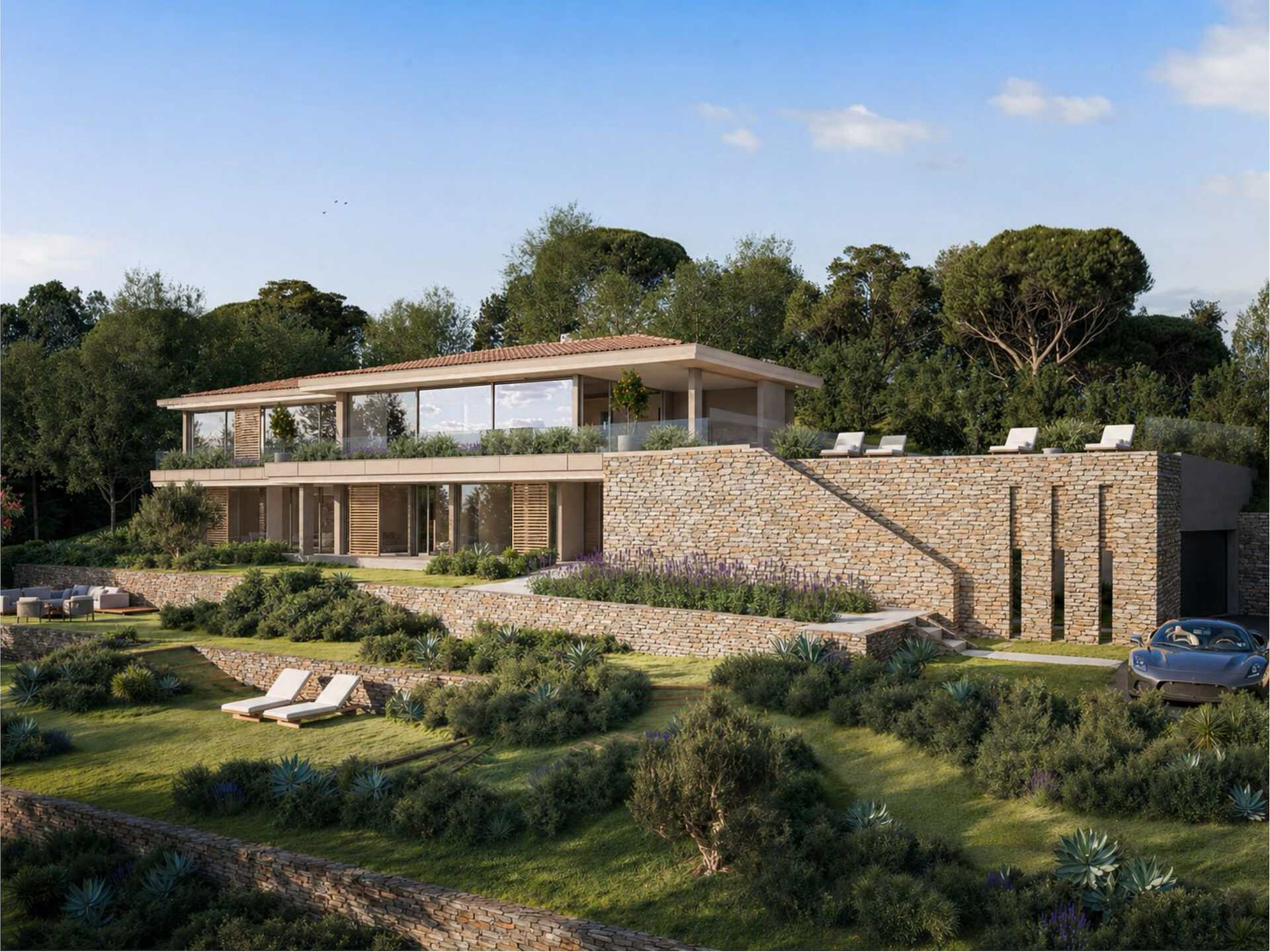 Vue d'ensemble de la Villa A depuis le jardin en restanques — image non contractuelle