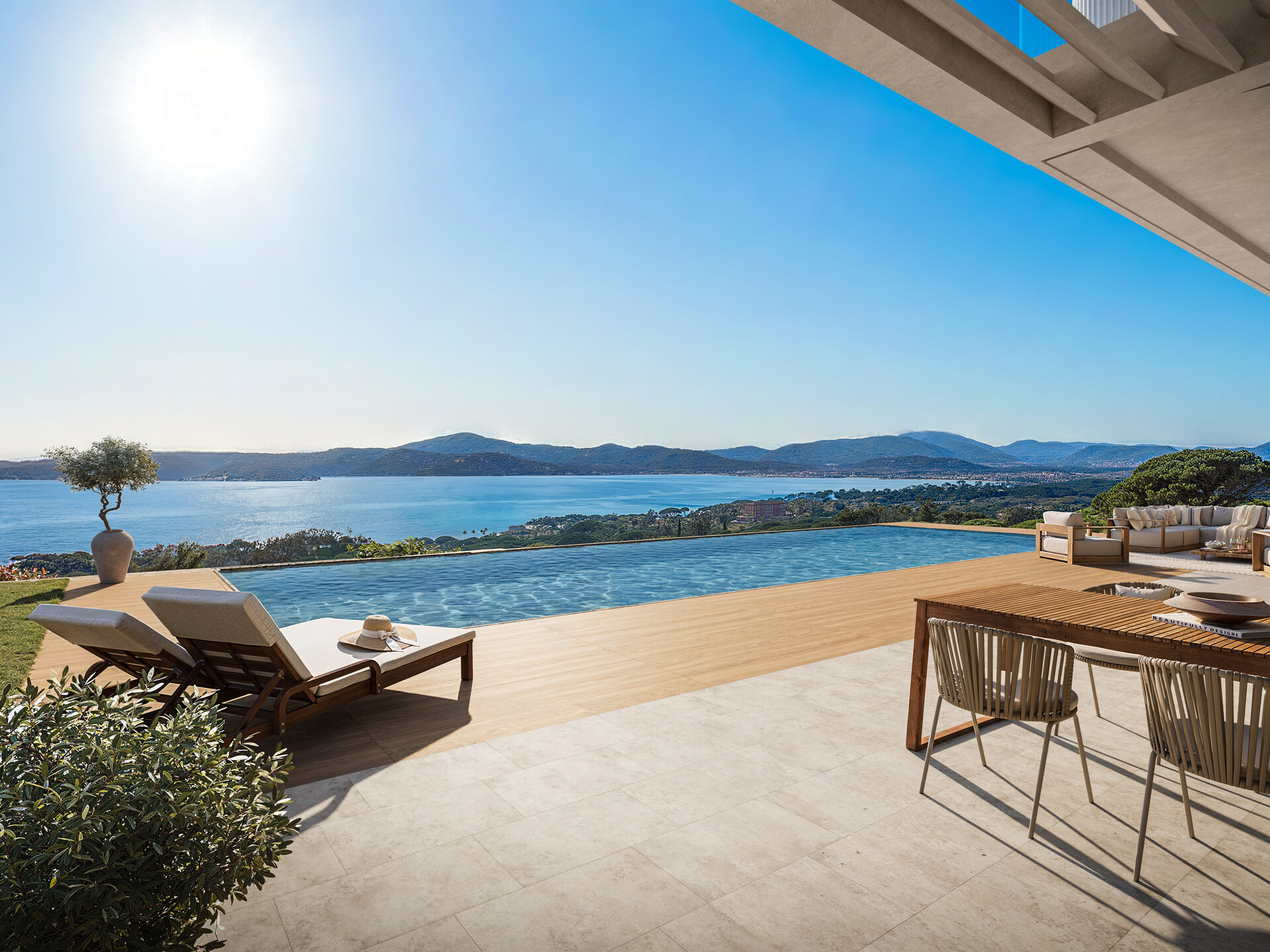 Piscina infinita y terraza de la Villa B — imagen no contractual