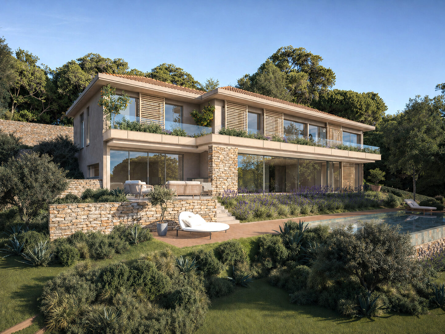Vue d'ensemble de la Villa C et de sa piscine depuis le jardin — image non contractuelle