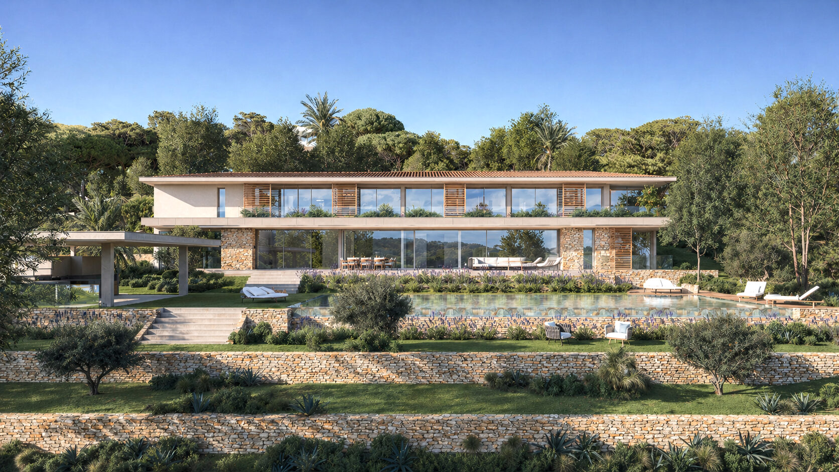 Vue panoramique de la Villa D et de sa piscine à débordement depuis le jardin — image non contractuelle